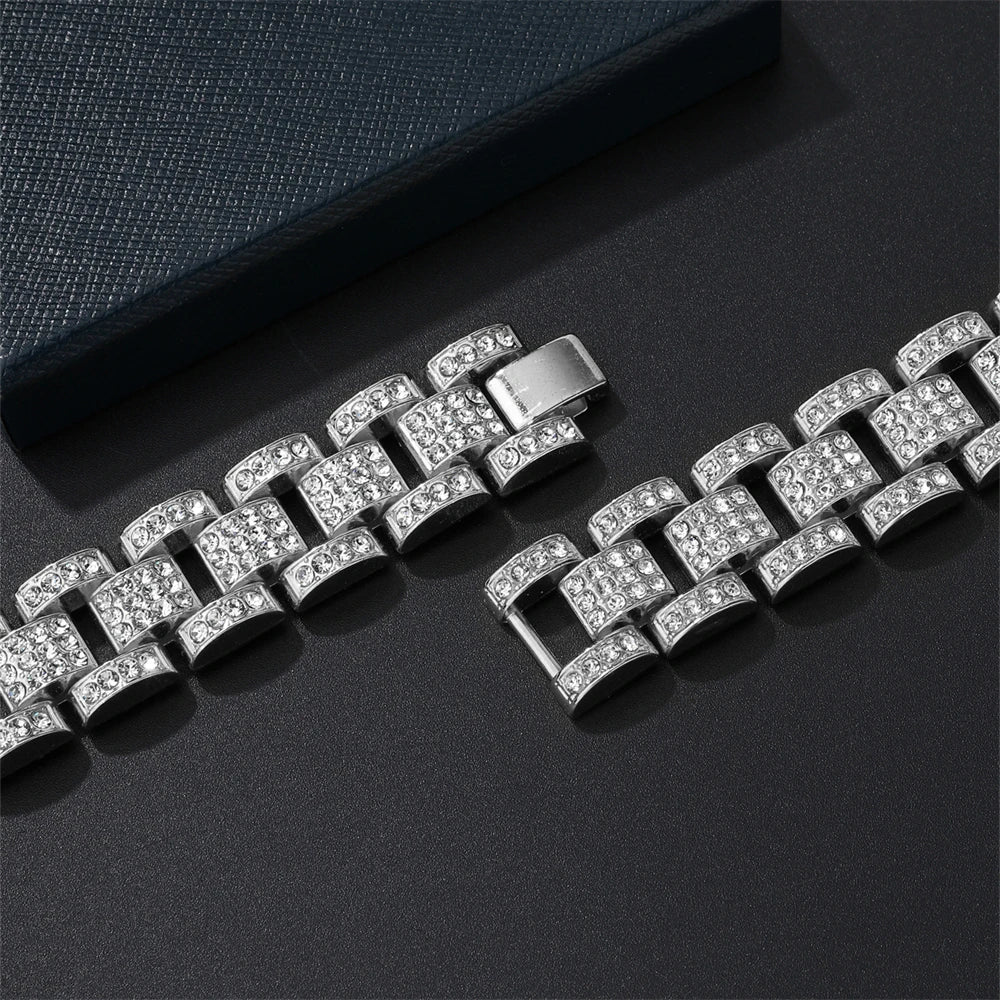 D&Z Hip Pop Full Iced Out CZ Stones Hand Watch Chain Bracelet For Men Rotating Leaves Bling Rhinestone Charm Hand Jewelry Gift