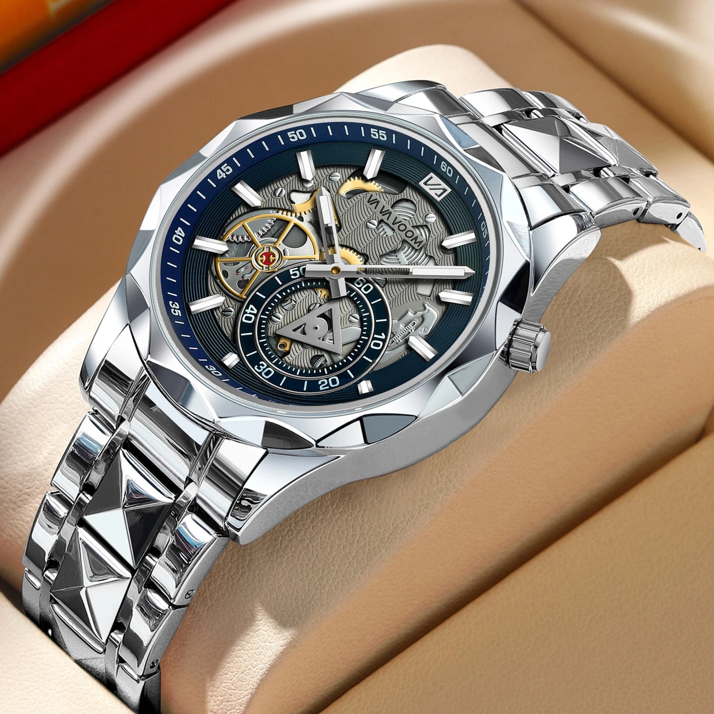 VA VA VOOM Stainless Steel Mens Quartz Watch With 41mm Hollowed Out Dial Quartz Movement Luminous Gold Luxurious Men Wristwatch - Uknowucme