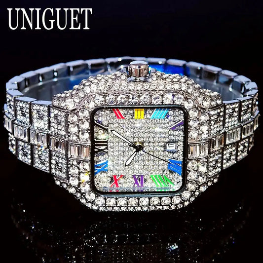 UNIGUET Luxury Iced Quartz Watch for Men Fashion Color Roman Square Watches Man Hip Hop Diamond AAA Jewelry Wristwatch Reloj Hot - Uknowucme