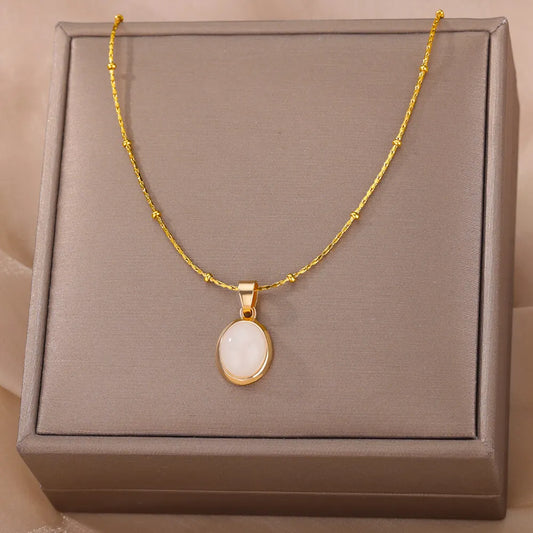 Kpop Stainless Steel Necklace for Women Transparent Moonlight Stone Ellipse Pendant Thin Chain Vintage Jewelry Gift New In - Uknowucme