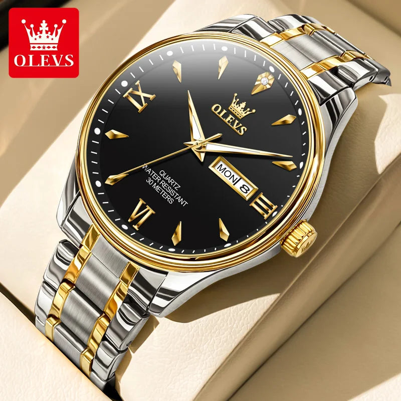 OLEVS Fashion Brand Original Men's Watches Week Calendar Luminous Quartz Watch for Men Waterproof Stainless Steel Strap Business - Uknowucme