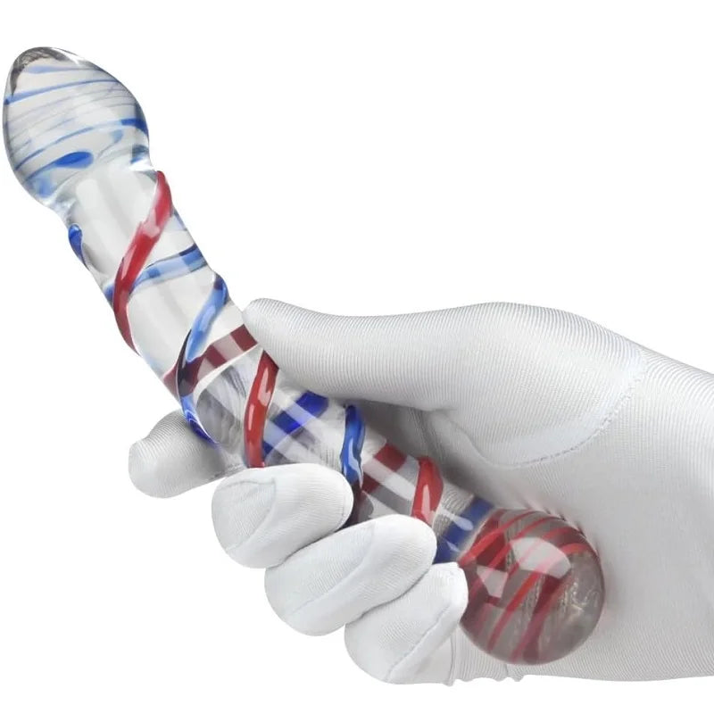 Glass Double Dildo G-Spot Stimulation Butt Plugs Anal Trainer Crystal Pleasure Wand with Raised Spiral Texture for Men Women