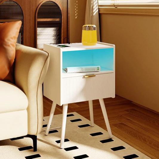 Nightstand Modern Bedside Table Charging Station And LED Lights Night Stand Storage Drawer Solid Wood Legs Organizer Vanity