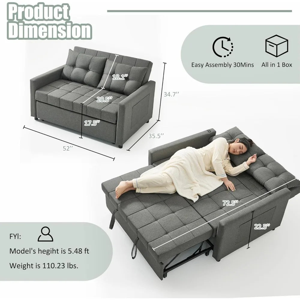 52" Sleeper Sofa with Pull-Out Bed, 3-in-1 Convertible Sofa Bed, Loveseat with Stepless Adjustable Backrest and Side Pocket - Uknowucme