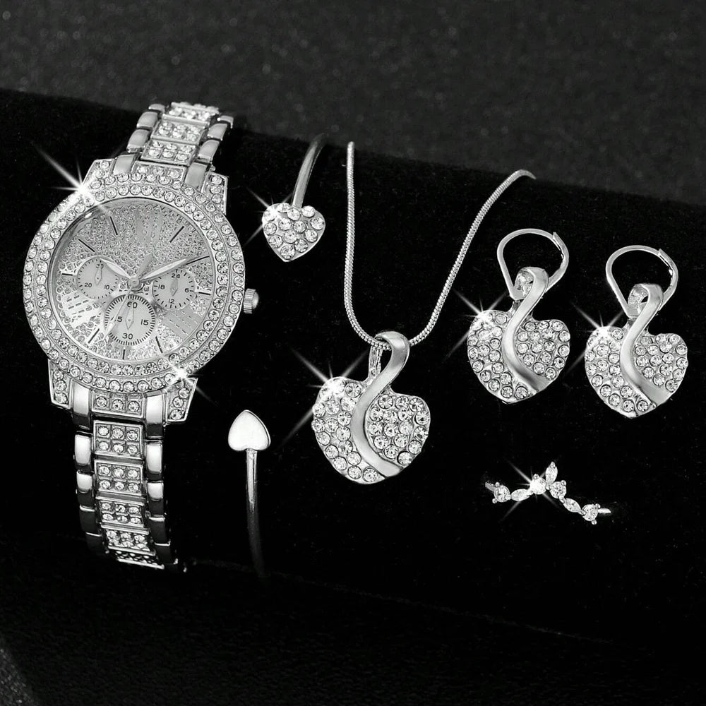 Women's Quartz Watch Gold Luxury Women Ring Necklace Earring Rhinestone Fashion Wristwatch Casual Ladies Watches Jewelry Set ﻿ - Uknowucme