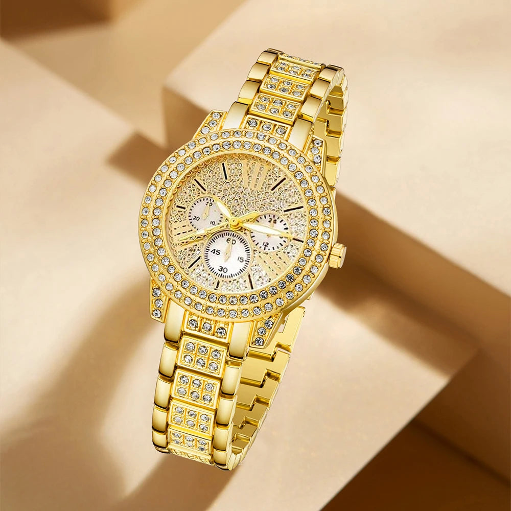 Women's Quartz Watch Gold Luxury Women Ring Necklace Earring Rhinestone Fashion Wristwatch Casual Ladies Watches Jewelry Set ﻿ - Uknowucme