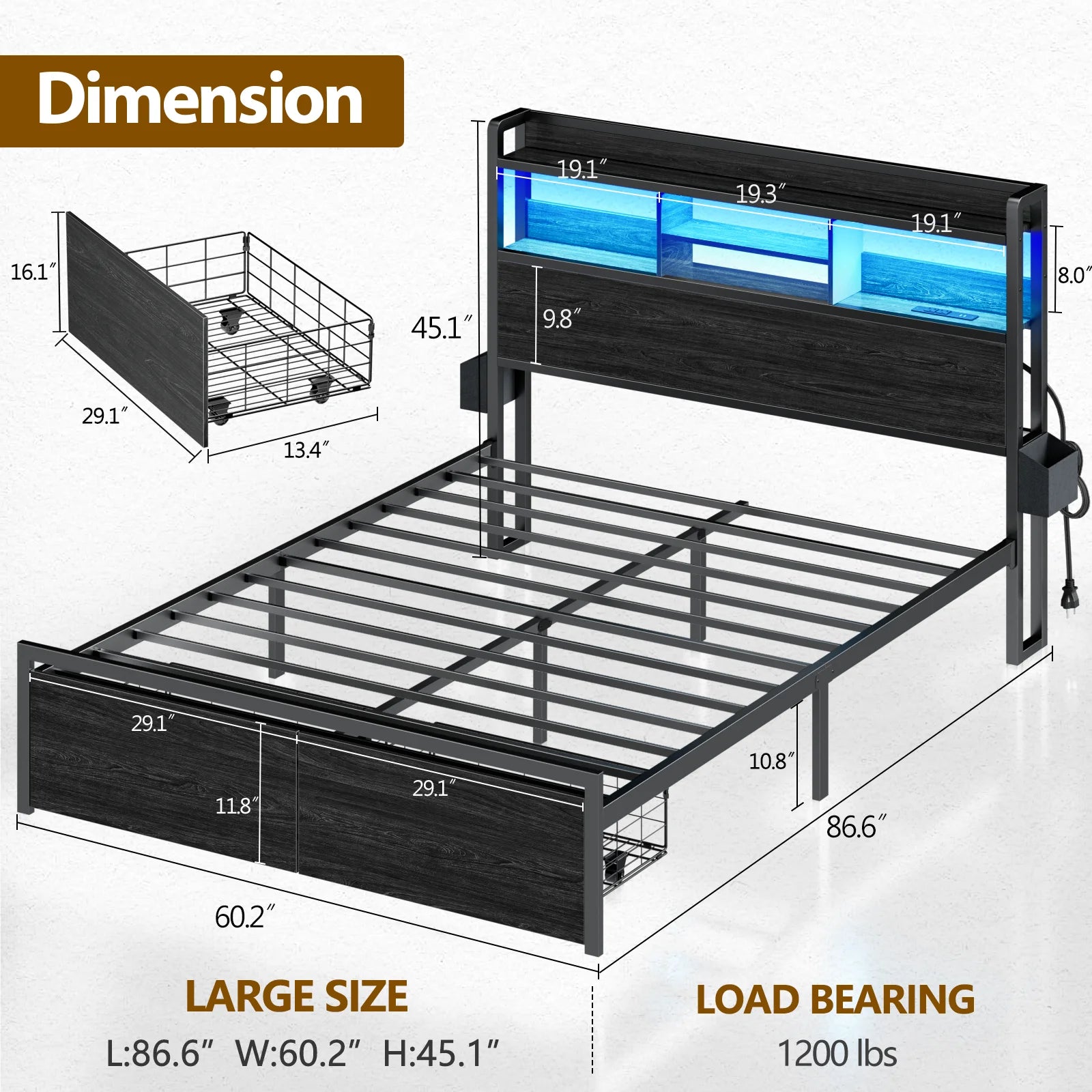 Full/Queen Size Bed Frame with Storage Headboard, Metal Platform Bed Frame with Storage Drawers, LED Lights and Charging Station - Uknowucme