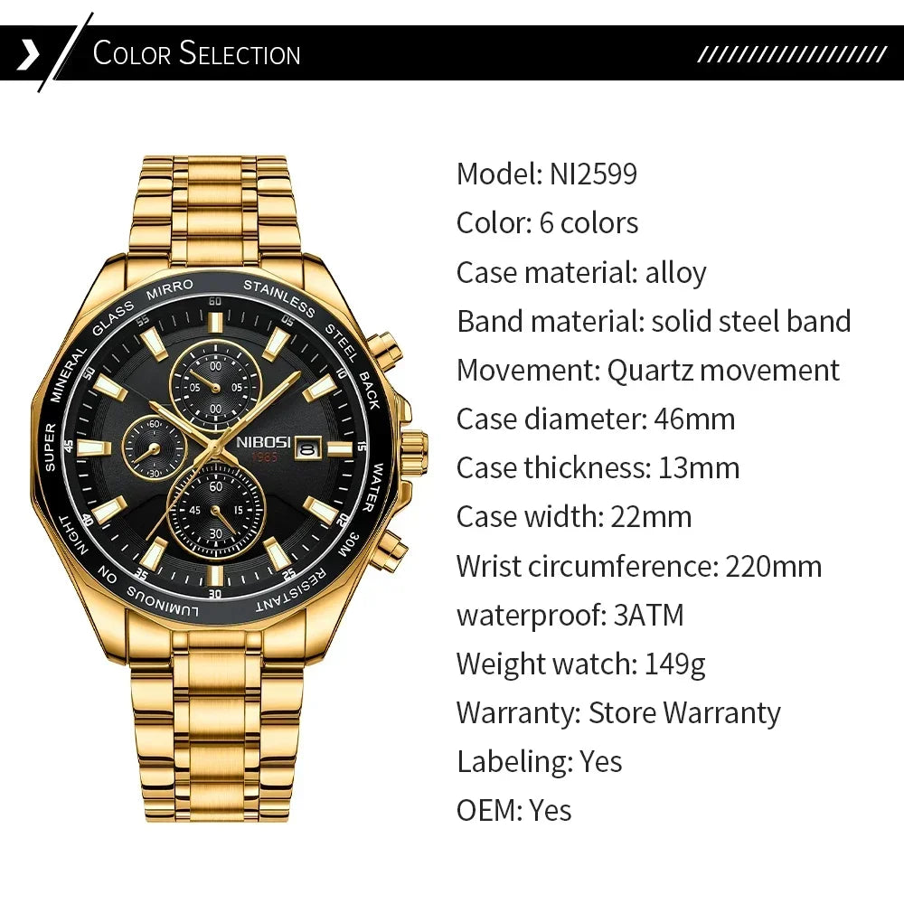 NIBOSI Fashion Big Watch Stainless Steel Top Brand Luxury Sport Chronograph Quartz Watches For Men Wristwatch Relogios Masculino - Uknowucme