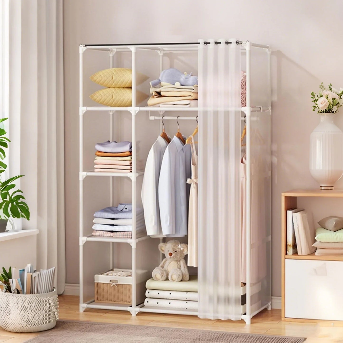 Wardrobe Rack Dustproof Cloth Closet Organizers Cabinet Large Capacity Heavy Duty Simple Assembly Bedroom Hanger Storage Shelves