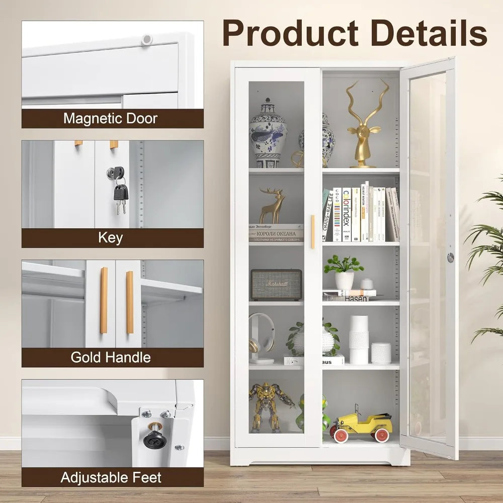 Glass Display Cabinet with Doors - White Metal Curio Cabinet with Lock Collectibles Storage Cabinet - Uknowucme