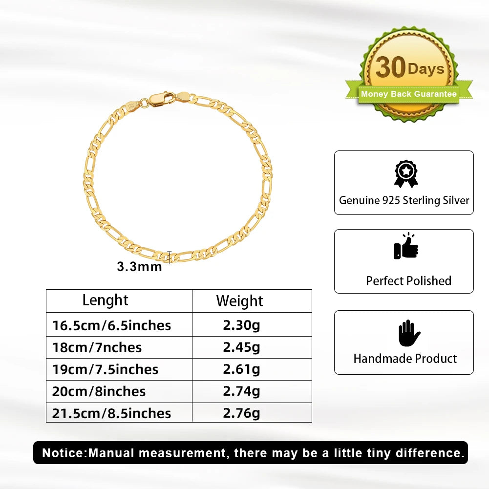ORSA JEWELS Real 925 Sterling Silver Figaro Bracelets for Women 14K Gold Plated 3.3mm Figaro Link Chain Bracelets Jewelry SB66 - Uknowucme