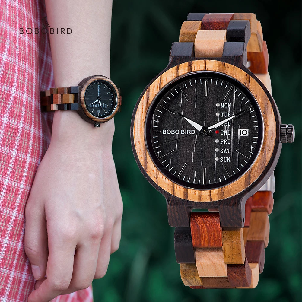 BOBO BIRD Couple Wooden Watch Luxury Brand Wood Timepieces Week Date Display Quartz Watches for Men Women Customized Family Gift - Uknowucme