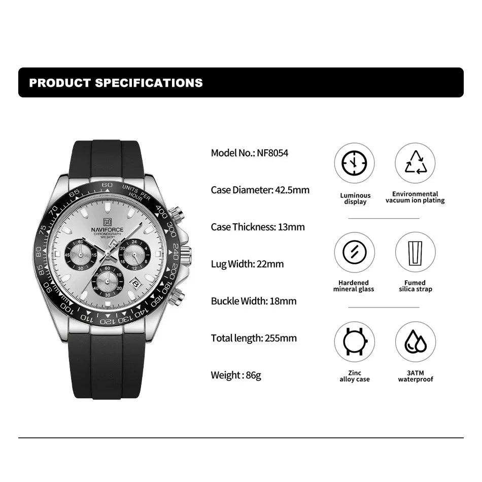 NAVIFORCE NF8054 Original Watches For Men Silicone Band Casual Sport Chronograph Luminous Wristwatch Relogio Masculino Male Gift - Uknowucme