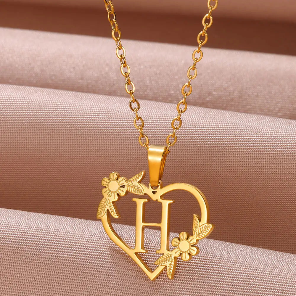 Gold Color Dainty Flower Initials Necklace Women Girl Stainless Steel Heart Letter Choker Necklace Best Gifts Alphabet Jewelry - Uknowucme