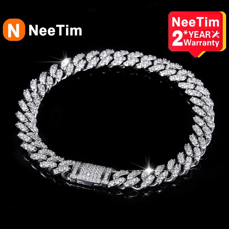 NeeTim Full Moissanite Hip Hop Men Women Cuban Chain Bracelets 925 Sterling Silver with 18k Gold Plated Cuban Bracelet Jewelry - Uknowucme