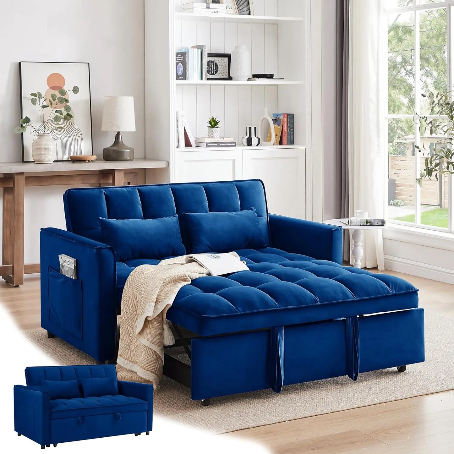 3 in 1 Pull Out Convertible Sofa Bed-Velvet Sleeper Sofa with 3Level Adjustable Backrest,Tufted Love Seat w/ 2Pockets ＆ 2Pillows - Uknowucme