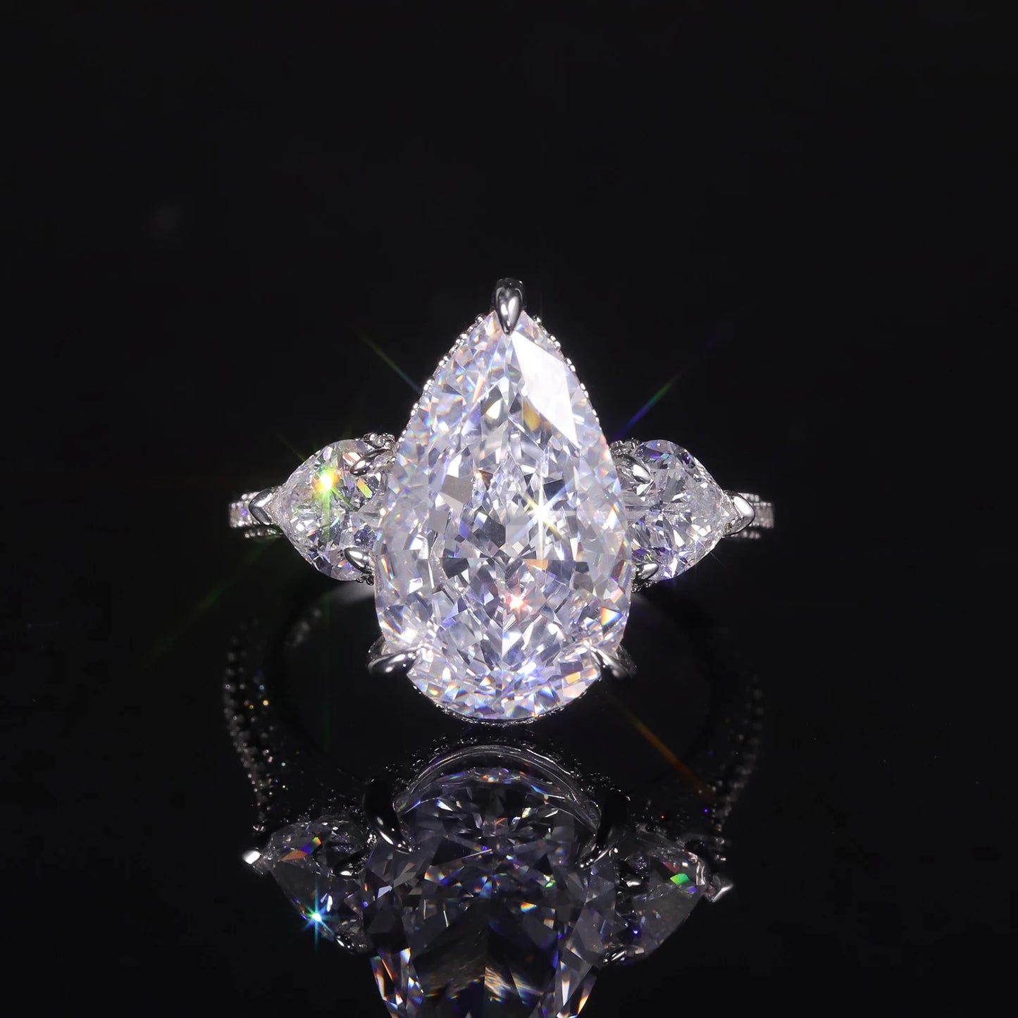 GEM'S BALLET Pear Shape Diamond-fire CZ- White Cluster Handmade Rings 925 Sterling Silver Three Stone Engagement Ring