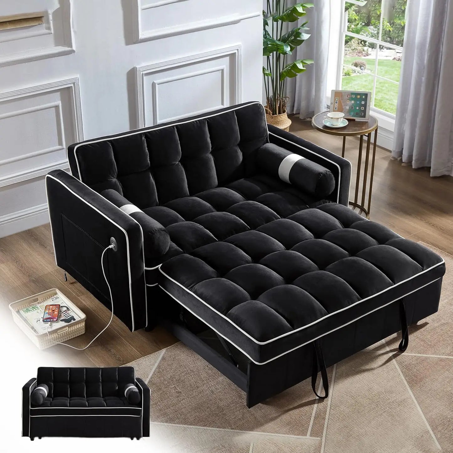 3 in 1 Pull Out Convertible Sofa Bed-Velvet Sleeper Sofa with 3Level Adjustable Backrest,Tufted Love Seat w/ 2Pockets ＆ 2Pillows - Uknowucme