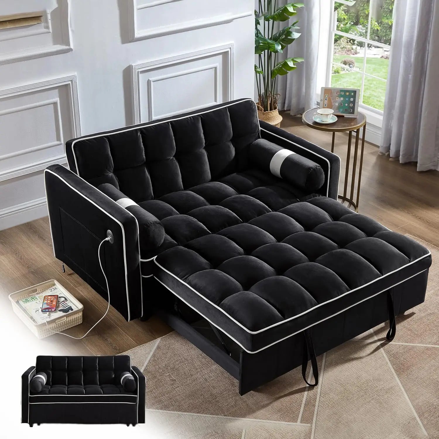 3 in 1 Pull Out Convertible Sofa Bed-Velvet Sleeper Sofa with 3Level Adjustable Backrest,Tufted Love Seat w/ 2Pockets ＆ 2Pillows - Uknowucme