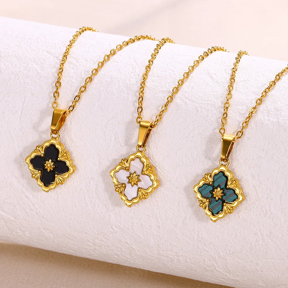 Stainless Steel Luck Clover Pendant Necklaces For Women Gold Color Chain Accessories Moon Round Necklace Square Cross Jewelry