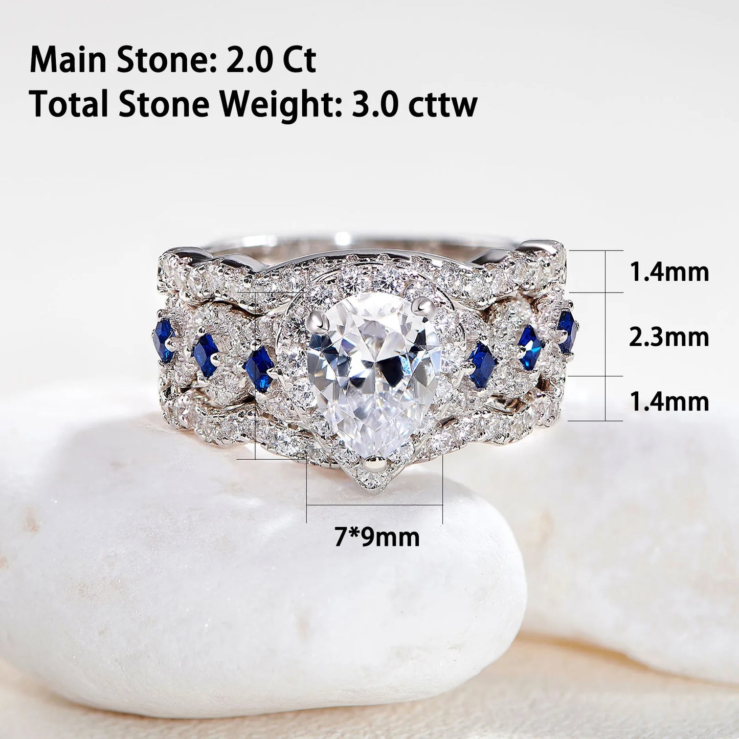 Newshe 3 Pcs Wedding Rings Set for Women Engagement Ring 925 Sterling Silver Water Drop Lab Sapphire White and Blue CZ Gemstone