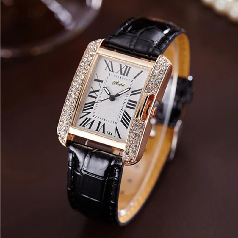 Hot Sale Fashion Rectangle Watch Women Rhinestone Watches Leather Band Quartz Wristwatches Ladies - Uknowucme