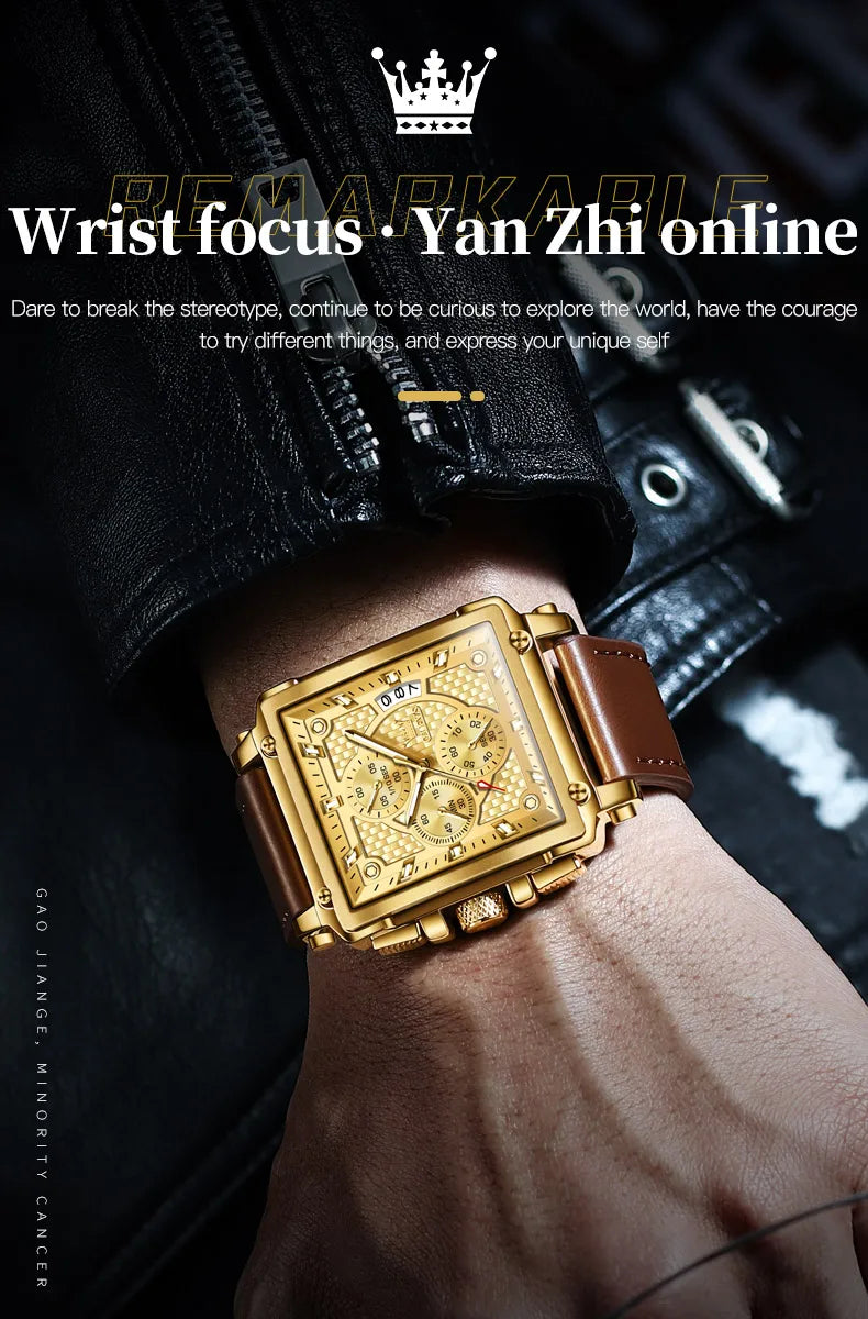 OLEVS Brand 9925 Men's Watches Gold Square Dial Quartz Male Watch Original Leather Strap Fashion Watch 30m Waterproof Top Ten - Uknowucme