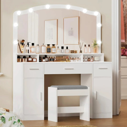 Vanity with Mirror and Light, Dressing Table Set with 3 Drawers, 2 Cabinets and 10 LED Bulbs Dresser