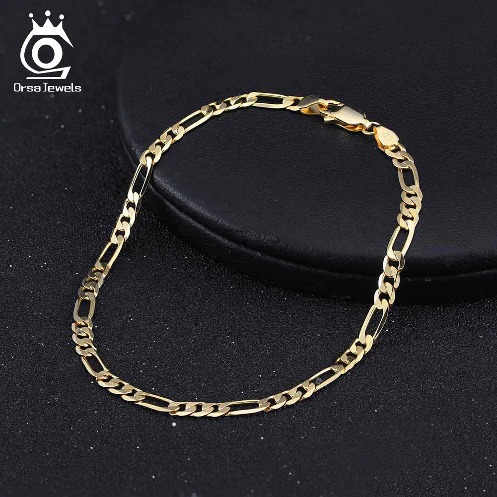 ORSA JEWELS Real 925 Sterling Silver Figaro Bracelets for Women 14K Gold Plated 3.3mm Figaro Link Chain Bracelets Jewelry SB66 - Uknowucme