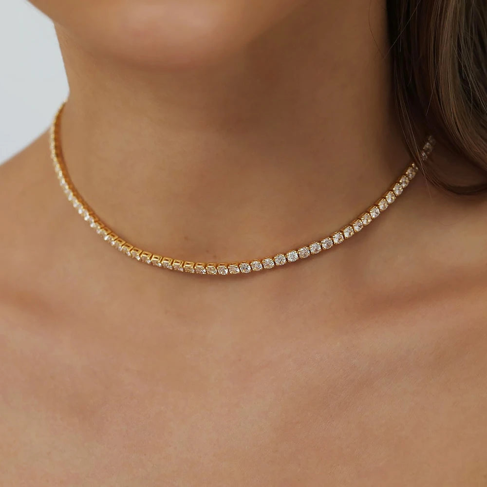 2mm Moissanite Tennis Necklace For Women S925 Silver Plated 18K Gold Sparking Rhinestone Choker Chain Wedding Jewelry Adjustable - Uknowucme