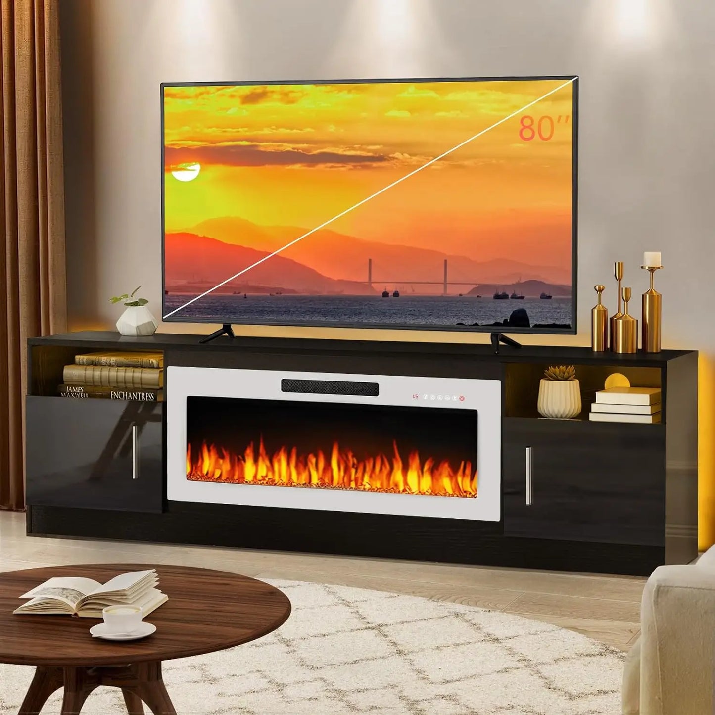 Fireplace tv Stand with 36 inch Fireplace Up to 80" TVs,LED Light Entertainment Center and Storage, 70" Modern Wood Media TV Con