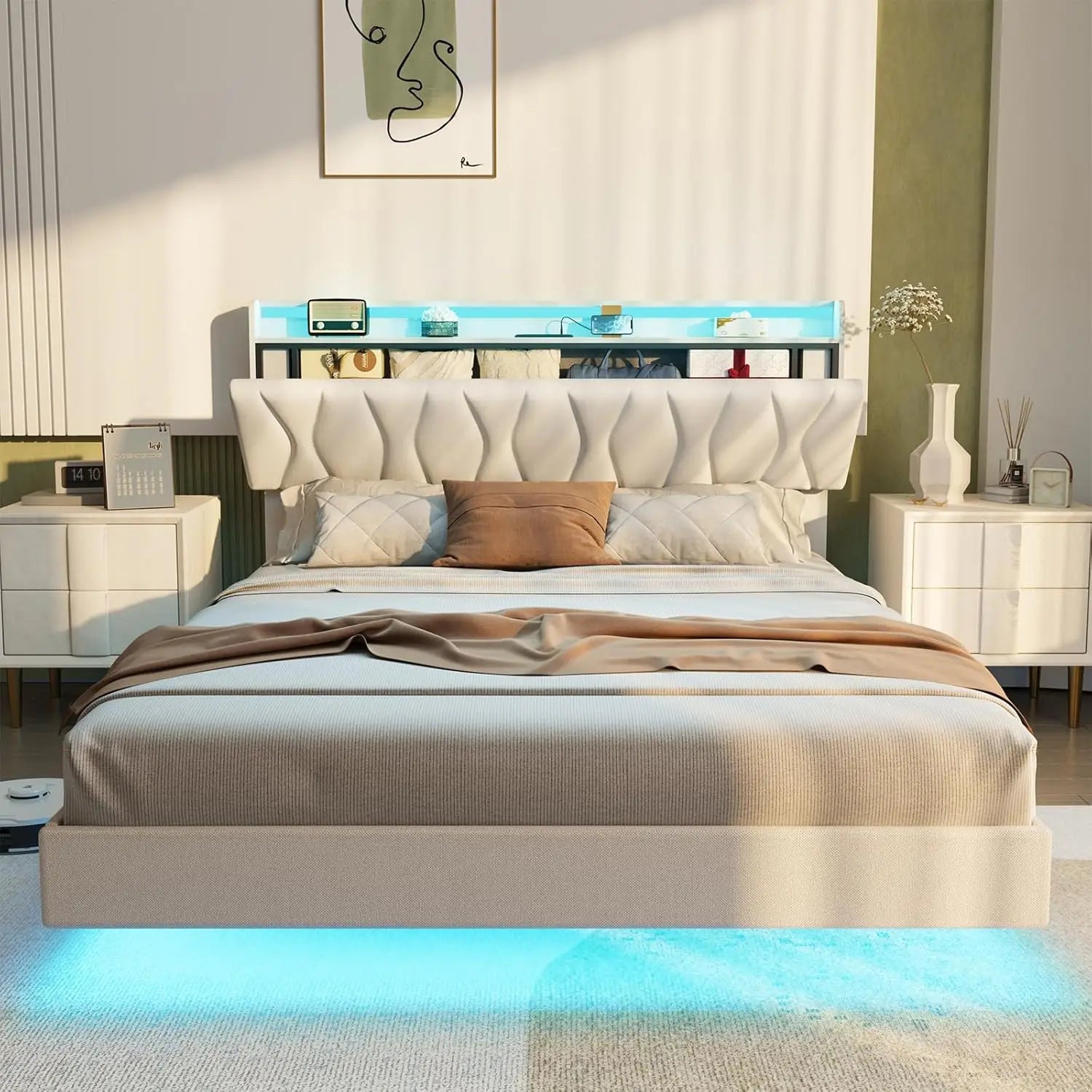 Vabches Floating Queen Bed Frame With Storage Headboard&LED Light Bed Frame with Charging Station Upholstered Platform Bed Frame - Uknowucme