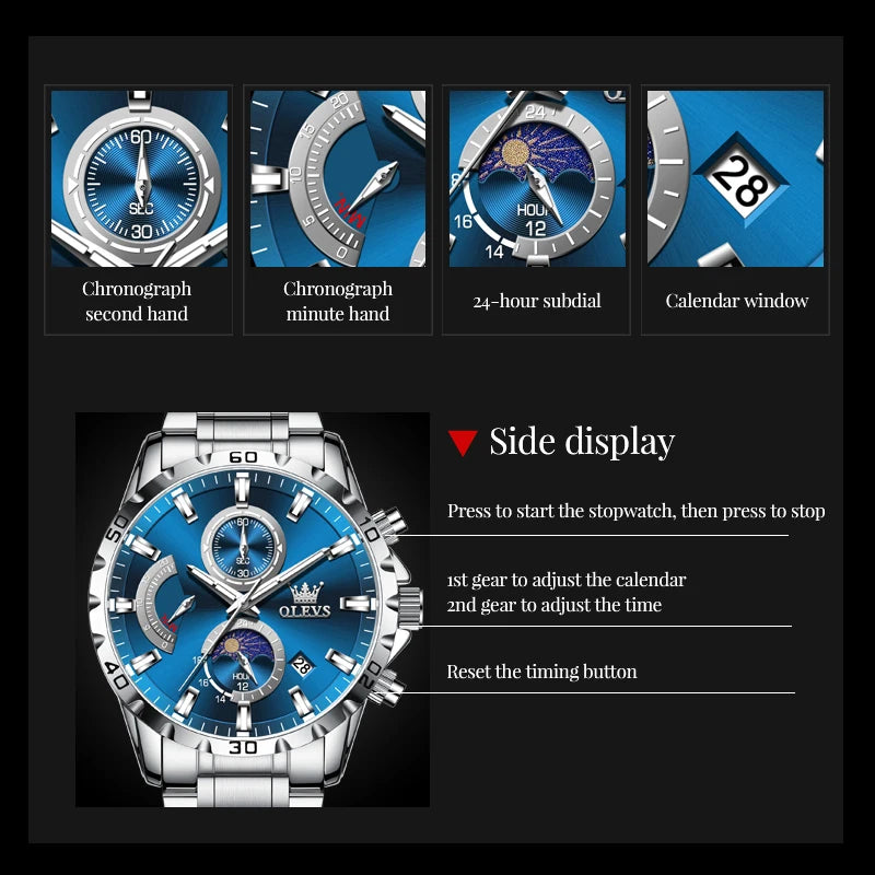 OLEVS 2953 Exclusive Design Men's Watches Full Stainless steel Moon Phase Waterproof Chronograph Quartz Watch for Men Genuine - Uknowucme