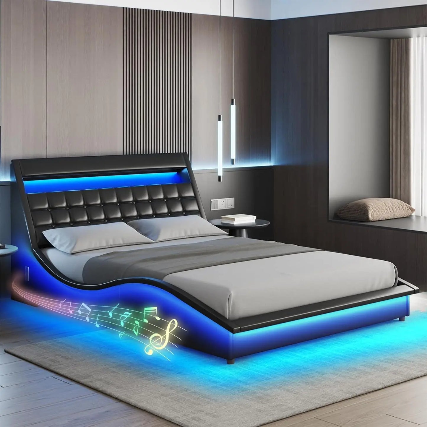 Vabches Full Size Bed Frame with Wave-Like Curve Design PU Leather Upholstered Platform Bed Frame w Charging Station&LED Lights - Uknowucme