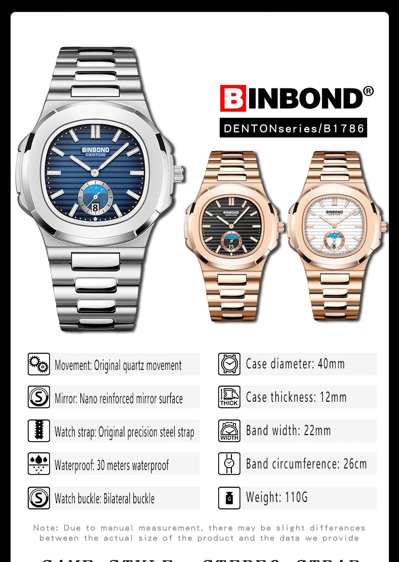 BINBOND Luxury Men Wristwatch Business Waterproof Luminous Date Man Watch Stainless Steel Men's Quartz Watches Relogio Masculino - Uknowucme