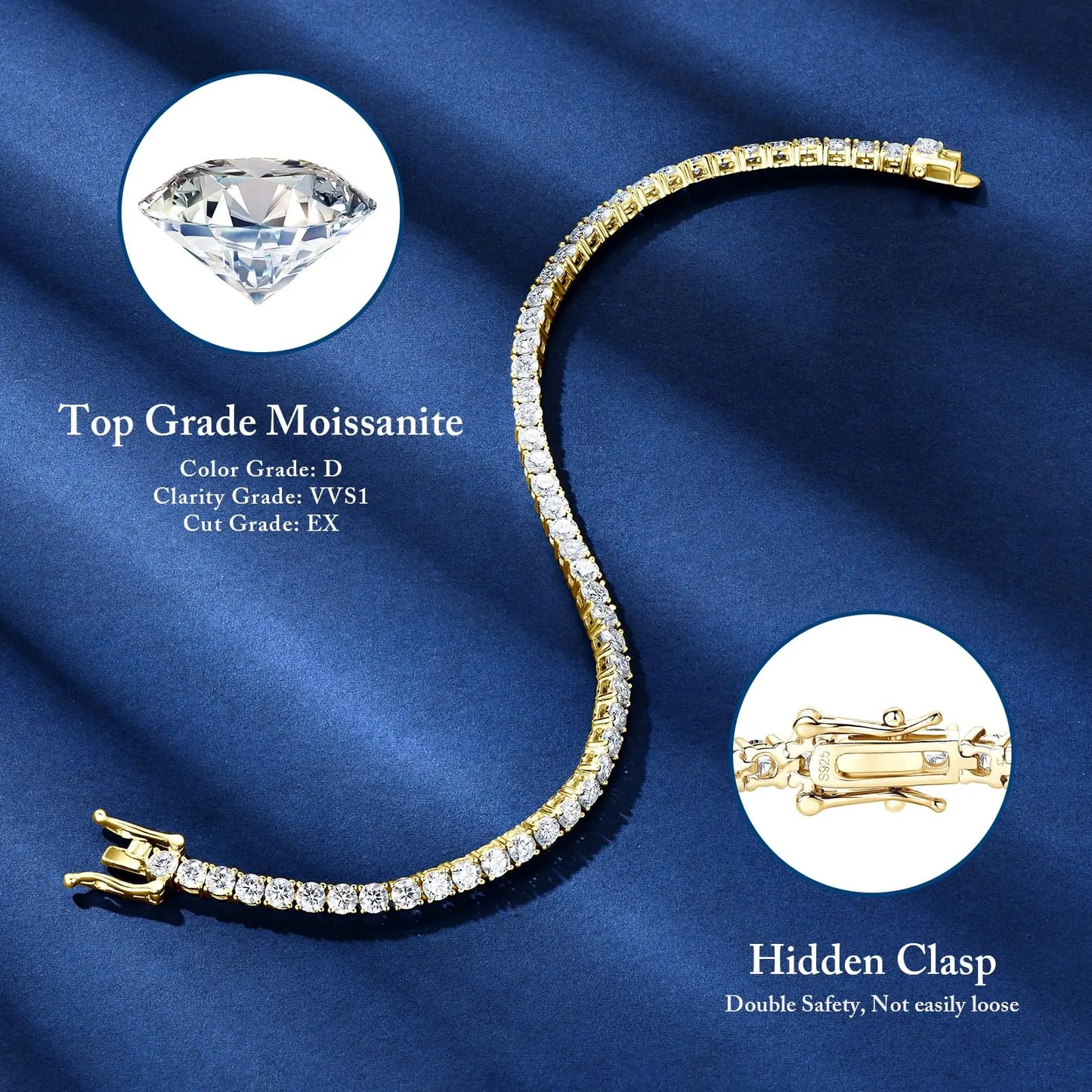 Moissanite Tennis Bracelet for Women 18K White Gold Plated Silver 3mm D Color VVS1 Wedding Party Jewelry Bracelets for Women Man - Uknowucme