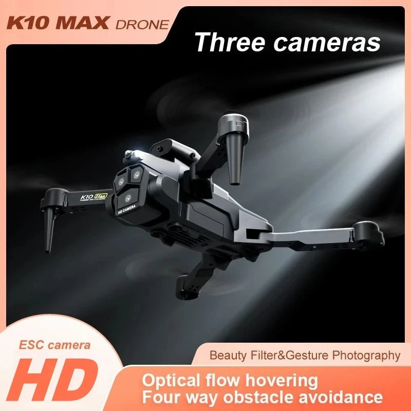 New K10 Max RC Drone HD Triple Camera Optical Flow Positioning Obstacle Avoidance Gesture Photography Foldable Quadcopter Toys