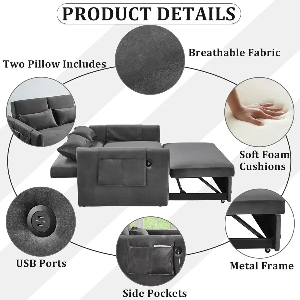 3 in 1 Pull Out Convertible Sofa Bed-Velvet Sleeper Sofa with 3Level Adjustable Backrest,Tufted Love Seat w/ 2Pockets ＆ 2Pillows - Uknowucme