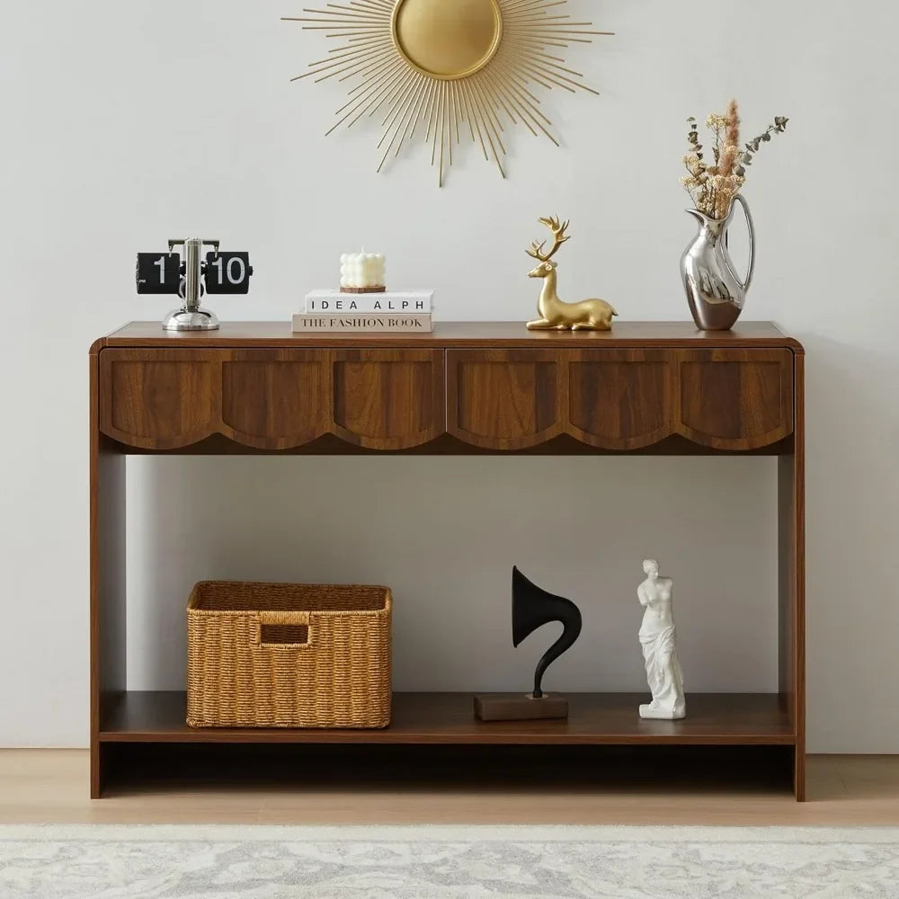 Console Table with Drawers, Mid-Century 43 Inches Narrow Entryway Tables with Open Storage Shelves, Hallway Accent Tables