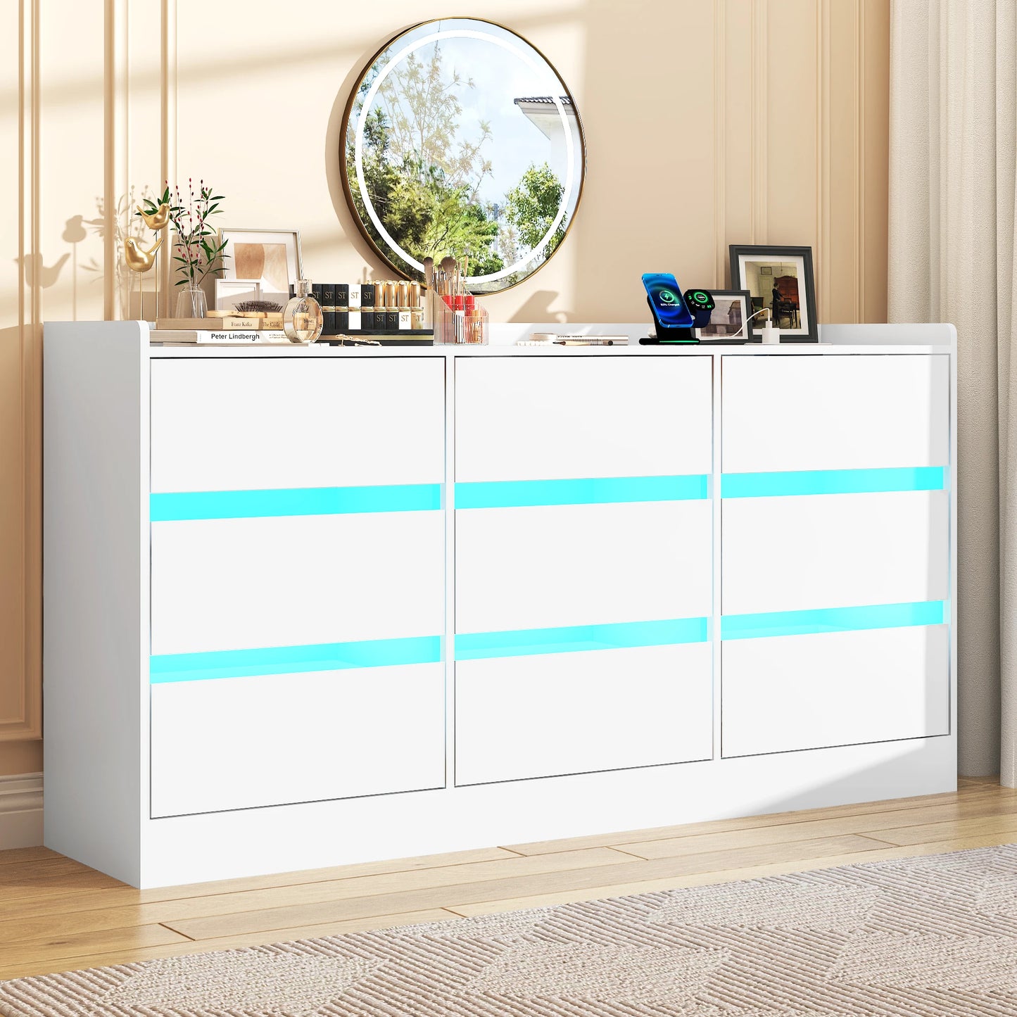 9 Drawer Dresser with Power Outlet & LED Light, Modern Chest of Drawers for Closet, 63" Drawer Organizer Cabinet for Bedroom - Uknowucme