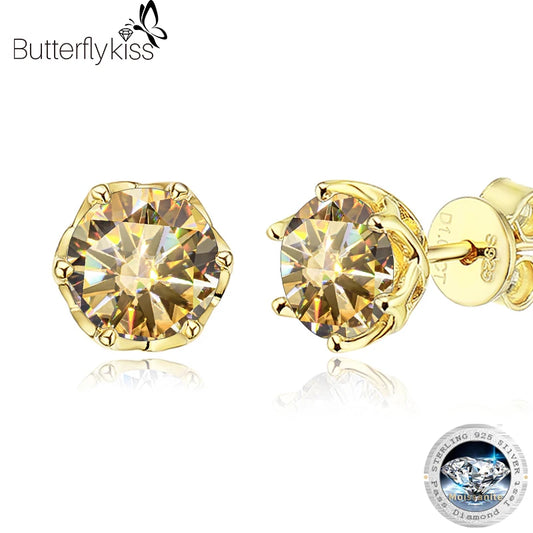 Butterflykiss S925 Sterling Silver Gold Plated D Color Moissanite Stud Earrings For Women Top Quality Sparkling Wedding Jewelry - Uknowucme