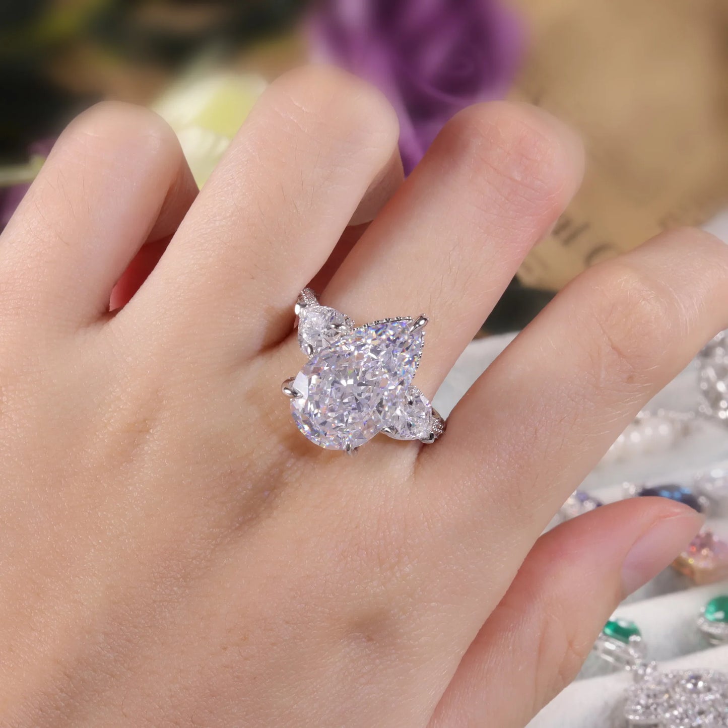 GEM'S BALLET Pear Shape Diamond-fire CZ- White Cluster Handmade Rings 925 Sterling Silver Three Stone Engagement Ring