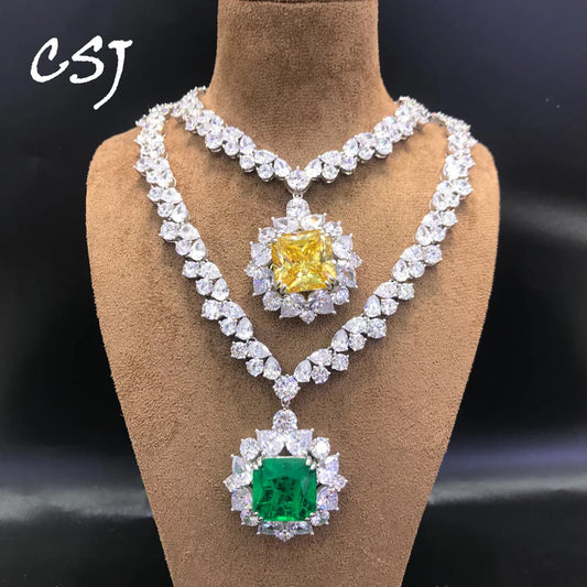 CSJ Luxury Necklace Sterling 925 Silver Big Stone Created Emerald Moissanite Pendant for Women Party Wedding Choker Jewelry Gift - Uknowucme