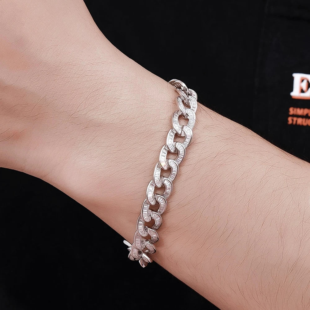 Wong Rain Hip Hop Rock 925 Sterling Silver 10MM Simulated Moissanite Gemstone Luxury Cuban Chain Bracelet Fine Jewelry Wholesale - Uknowucme