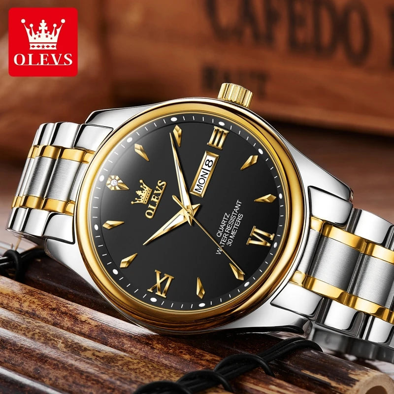 OLEVS Fashion Brand Original Men's Watches Week Calendar Luminous Quartz Watch for Men Waterproof Stainless Steel Strap Business - Uknowucme