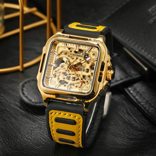 FORSINING Original Square Skeleton Mechanical Man Wristwatches Automatic Movement Field Sports Waterproof Silicone Replica Watch - Uknowucme