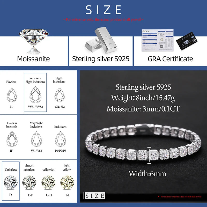 6mm Moissanite Tennis Bracelet Chain for Women Man GRA Diamond Original 925 Sterling Silver Link Bracelets Wedding Party Jewelry - Uknowucme