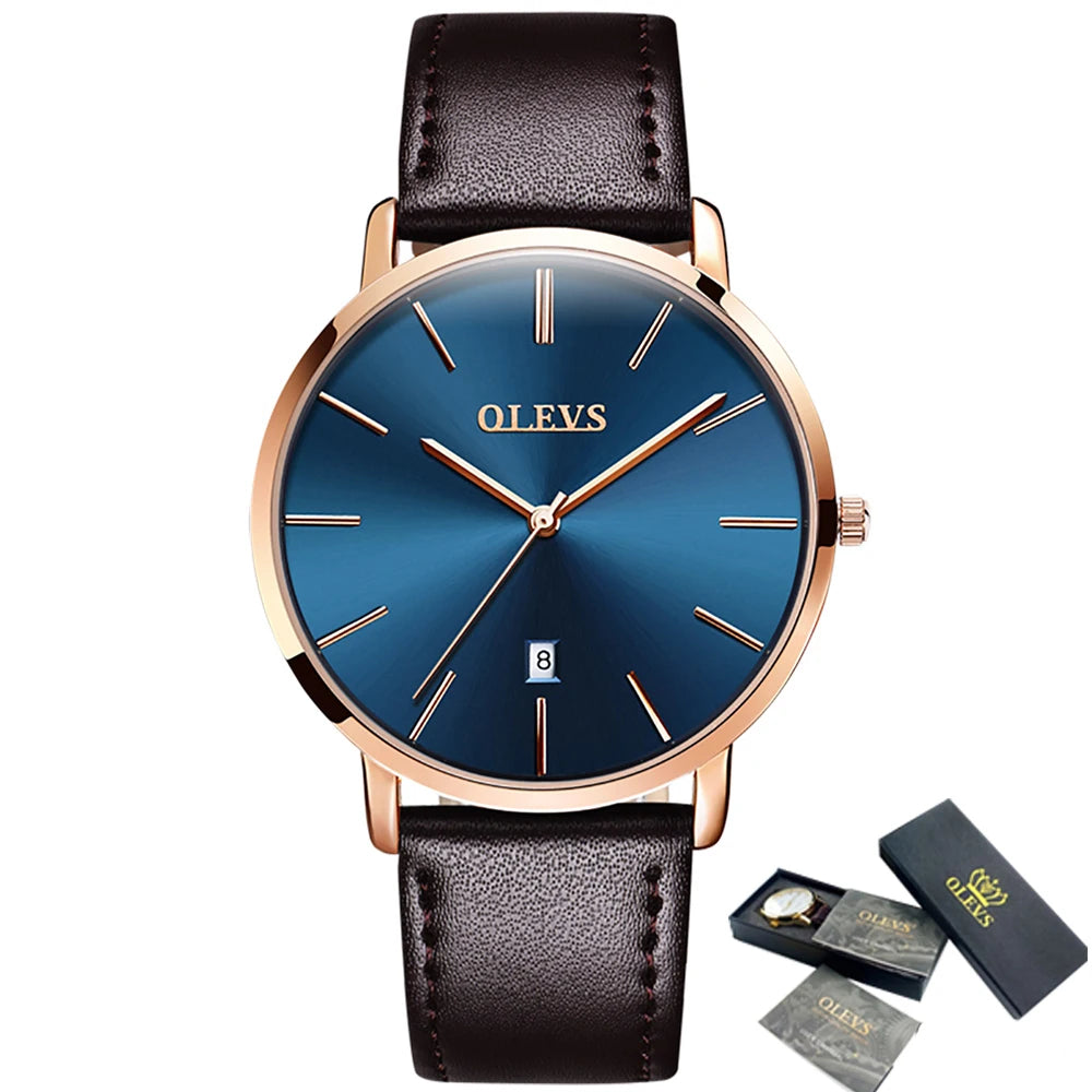 New In OLEVS Quartz Watch for Men Ultra Thin 6.5mm Minimalist Waterproof Date Bussiness Watch Fashion Leather Strap Men's Watch - Uknowucme