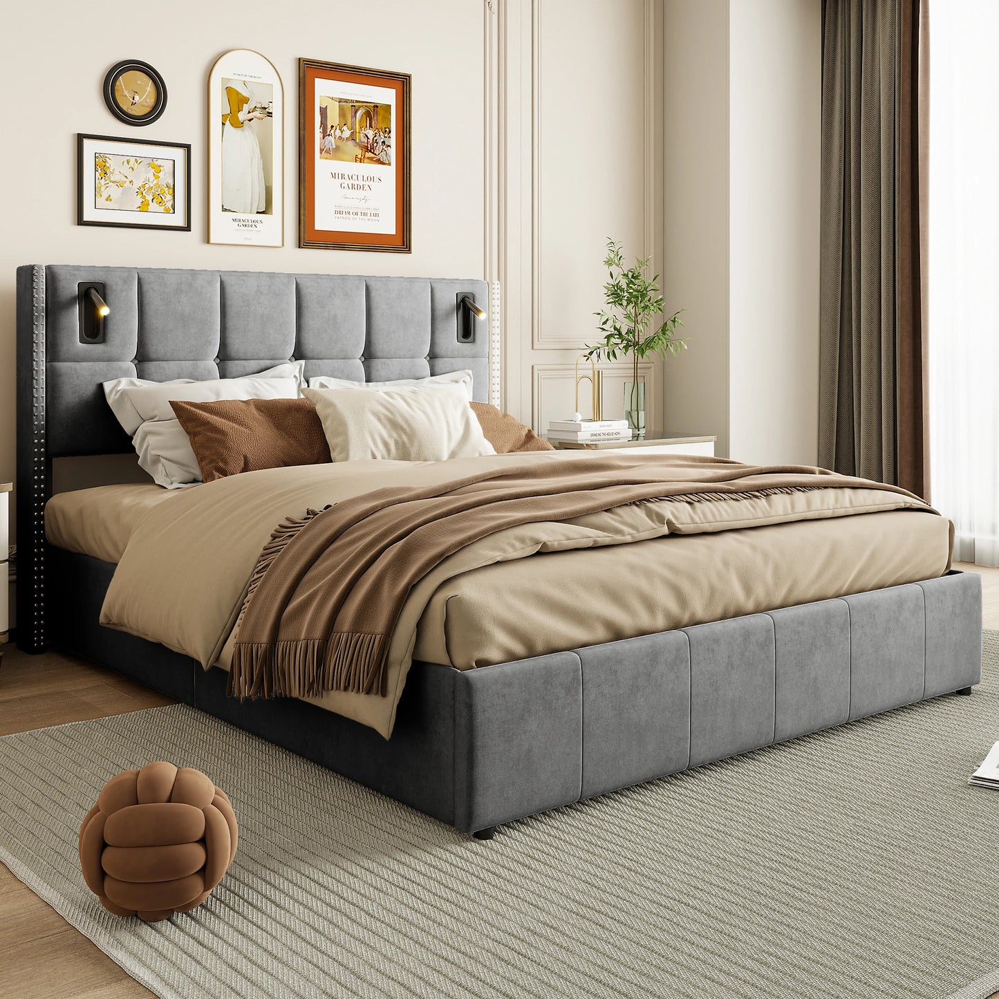Double Bed 160x200cm, Upholstered Bed with USB & Reading Lamps, Bed Box, Storage Beds Bed Frame Velvet, Youth Bed with Headboard