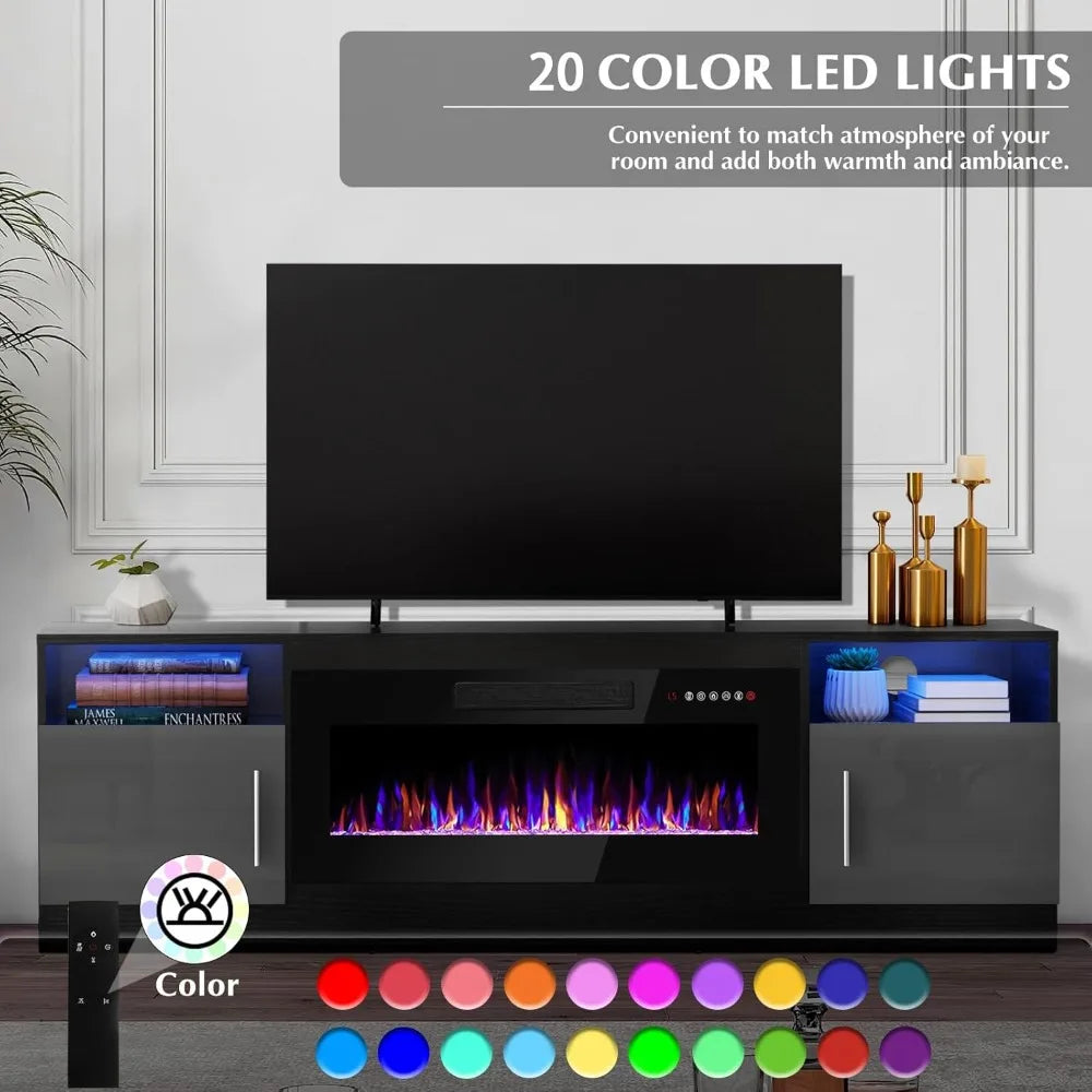 Fireplace tv Stand with 36 inch Fireplace Up to 80" TVs,LED Light Entertainment Center and Storage, 70" Modern Wood Media TV Con